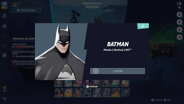 Multiversus - Ficha de Batman con el avatar de Batman a un lado y el coste de 2.000 monedas para desbloquearlo a la derecha