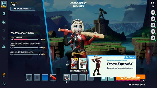 Multiversus - Pantalla de personalización de Harley Quinn con sus gestos, iconos y skins