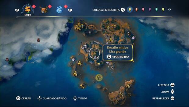 Immortals Fenyx Rising - Desafíos míticos: mapa con la ubicación del desafío mítico de Lira grande de la zona de Los Escollos Rocosos