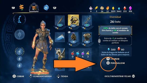 Immortals Fenyx Rising - Cómo cambiar el aspecto de tu personaje, menú de personalización de armas y armaduras