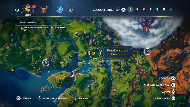 Immortals Fenyx Rising - Desafíos míticos: mapa con la ubicación del desafío mítico de itinerario en la zona nordeste del Valle de la Eterna Primavera