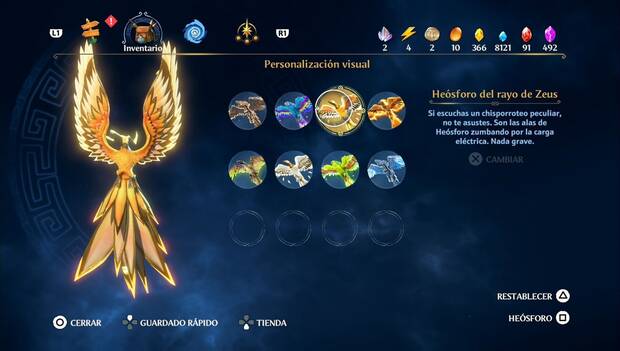 Immortals Fenyx Rising - Skins de Heósforo: skin de Heósforo del Rayo de Zeus en el menú