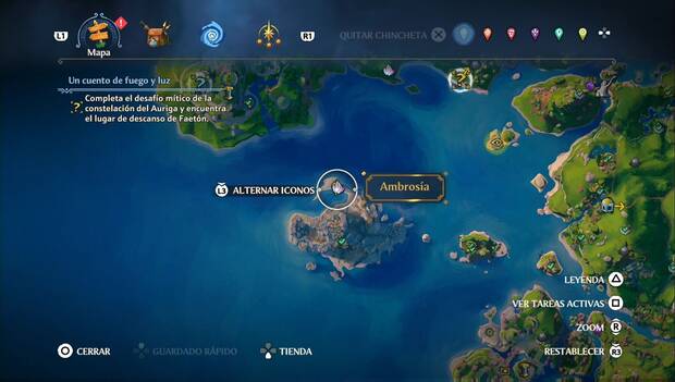 Immortals Fenyx Rising - Ambrosías del Valle de la Eterna Primavera: ubicación de la ambrosía en la costa norte de la isla más al suroeste de la región