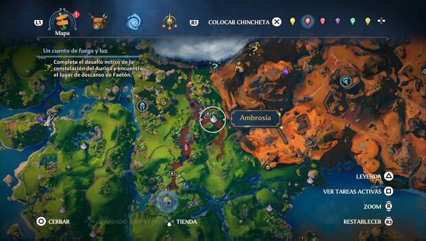 Immortals Fenyx Rising - Ambrosías del Valle de la Eterna Primavera: ubicación de la ambrosía al nordeste de la región, en la frontera de la Guarida de la Guerra
