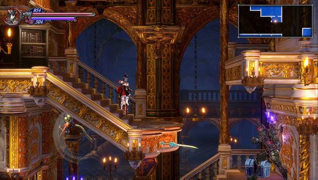 Bloodstained: Ritual of the night - Salón del Término: sala vertical con el forastero y el cofre