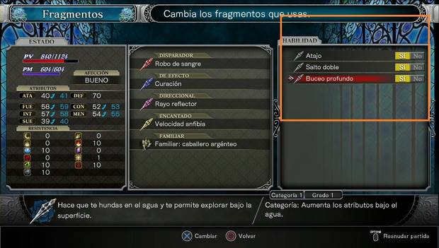 Bloodstained: Ritual of the night - Pestaña de habilidades