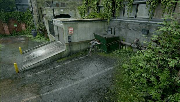 The Last of Us Parte II - Hillcrest: contenedor de basura colocado para subirse al garaje
