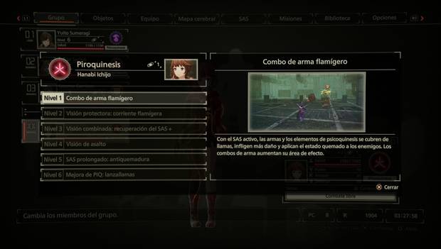 Scarlet Nexus - Hanabi: pestaña de habilidades SAS