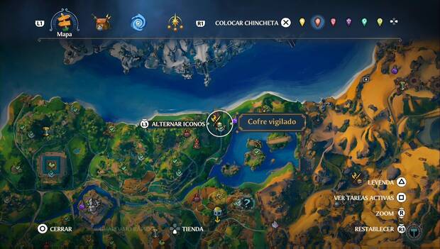 Immortals Fenyx Rising - Cofres vigilados de la Arboleda de Kleos: ubicación del cofre vigilado en la zona nordeste de la región, junto al lago