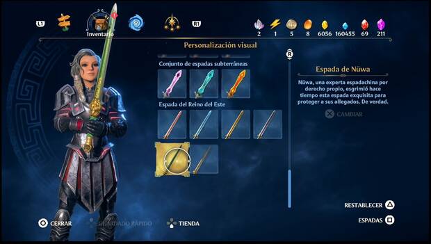 Immortals Fenyx Rising - Cómo pasar objetos cosméticos de los DLCs al juego principal: Fenyx blandiendo la Espada de Nüwa del DLC Mitos del Reino del Este