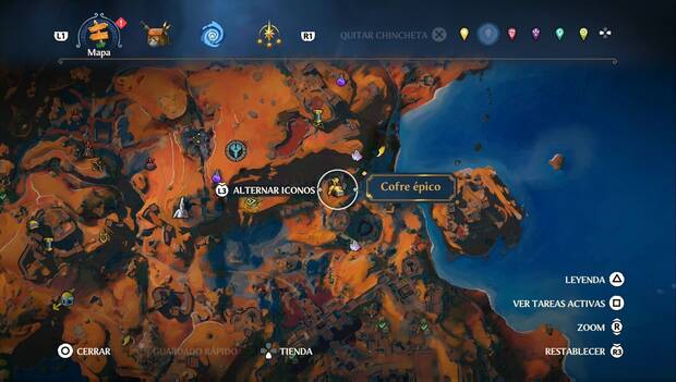 Immortals Fenyx Rising - Cofres epicos en Guarida de la Guerra: ubicación del cofre épico al sur-sudeste del Dragón de Ismeno protector