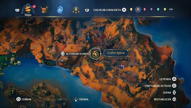 Immortals Fenyx Rising - Cofres epicos en Guarida de la Guerra: ubicación del cofre épico en la fachada sudeste de la muralla noroeste del Fuerte Áyax