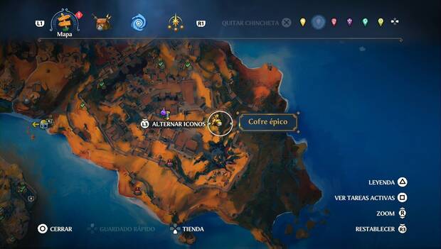 Immortals Fenyx Rising - Cofres epicos en Guarida de la Guerra: ubicación del cofre épico em la zona sudeste del Fuerte de Áyax