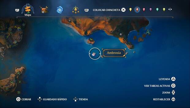 Immortals Fenyx Rising - Ambroías en Guarida de la Guerra: ubicación de la ambrosía en la isla más al suroeste del archipiélago de islas al sudeste de la región