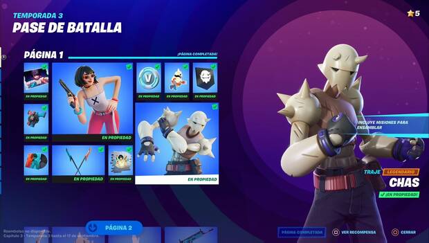 Fortnite Battle Royale, Temporada 3 Capítulo 3 - Misiones de Chas: personaje Chas en la página 1 del Pase de batalla, junto al resto de objetos de la página