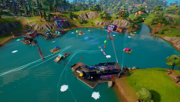 Fortnite Battle Royale - Novedades del Capítulo 3, Temporada 3: aspecto de Balsa Botín y líneas de energía que van hacia el centro del lago