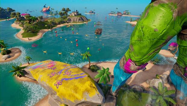 Fortnite Battle Royale - Novedades del Capítulo 3, Temporada 3: zona de agua con circuitos y rampas junto a la estatua de La Fundación