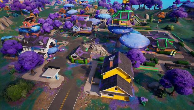 Fortnite Battle Royale - Novedades del Capítulo 3, Temporada 3: zonas de Caserío Colesterol levantadas por setas gigantes