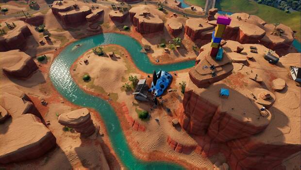 Fortnite Battle Royale - Novedades del Capítulo 3, Temporada 3: trozo del meca tirado en el suelo en la zona de desierto del cuadrante sudeste de la Isla de batalla