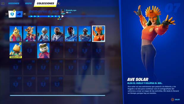 Fortnite Battle Royale - Personajes: perfil de Ave solar en el menú