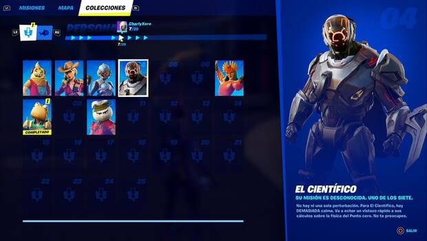 Fortnite Battle Royale - Personajes: perfil de El Científico en el menú