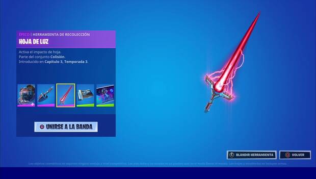 Fortnite Battle Royale - Actualizaciones: pantalla del Pack de Club del Club Fortnite, donde se ve la Hoja de luz del meca