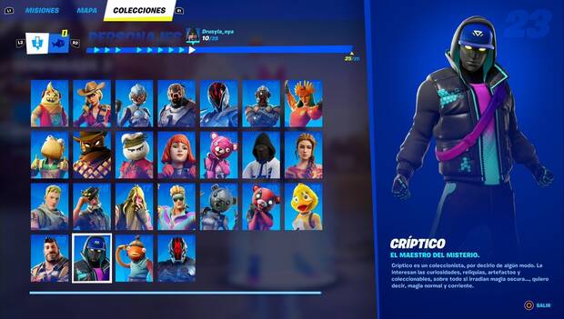 Fortnite Battle Royale - Personajes: perfil de Críptico en el menú