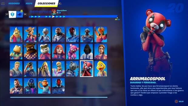 Fortnite Battle Royale - Personajes: perfil de Arrumacospool en el menú