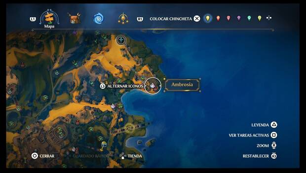 Immortals Fenyx Rising - Ambrosías en Tierraforja: ubicación de la ambrosía en a zona sudeste de la costa nordeste de la región