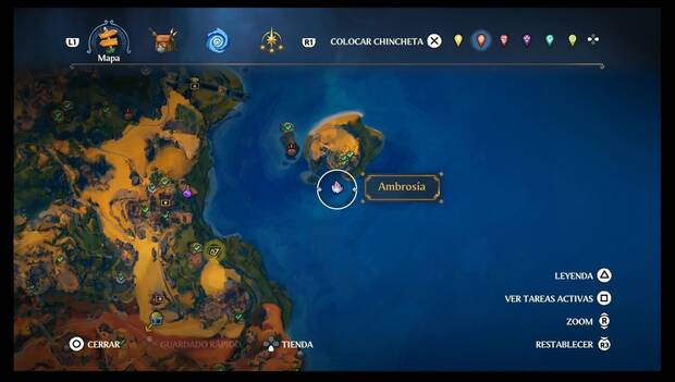 Immortals Fenyx Rising - Ambrosías en Tierraforja: ubicación de la ambrosía en la costa sur de la isla de la costa este