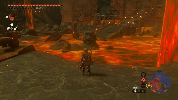 The Legend of Zelda: Tears of the Kingdom - Yunobo, en la Ciudad Goron: puente roto hacia el Templo del Fuego