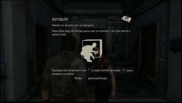 The Last of Us - Capítulo 1: Zona de cuarentena, pantalla con el tutorial para enseñarte a usar los botiquines para curar heridas
