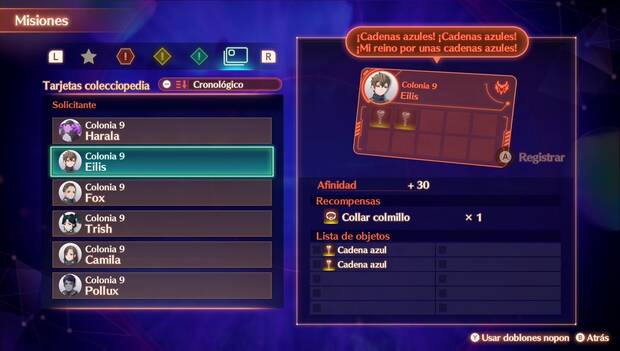 Xenoblade Chronicles 3 - Tarjetas colecciopedia: pestaña de las tarjetas colecciopedia con datos sobre el objetivo y recompensas de una de las Tajetas
