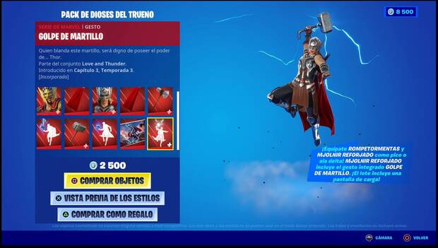 Fortnite Battle Royale - Thor Love & Thunder x Fortnite: pestaña de la tienda donde se pueden ver lo sobjetos del pack de Thor Odinso y La Poderosa Thor