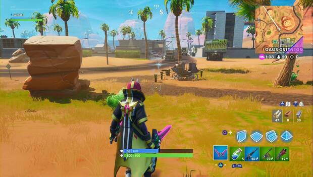 Fortnite - Usa grietas: giretas cerca del carruaje en Oasis Ostentoso