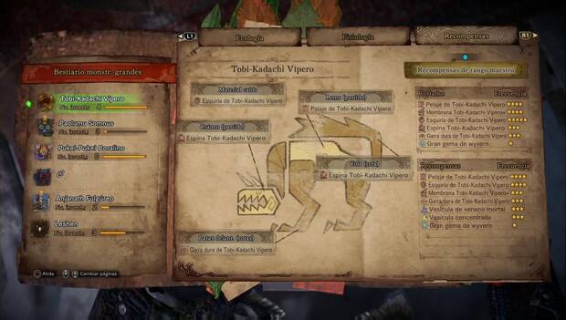 Monster Hunter World Iceborne - Tobi-Kadachi Vipero: objetos que deja caer y recompensas