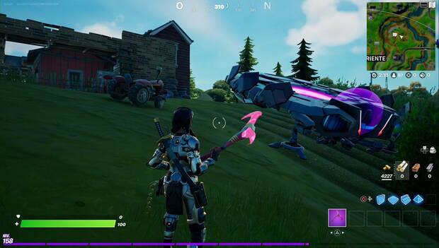 Fortnite Battle Royale - Utiliza un Agarratrón o el rayo de tracción de un platillo para llevar un tractor a la granja de Patán: tractor tirado en la granja de Patán junto al OVNI
