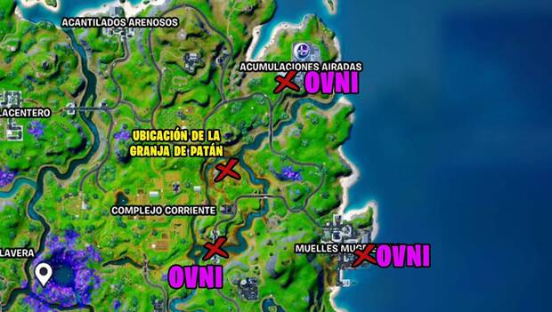Fortnite Battle Royale - Utiliza un Agarratrón o el rayo de tracción de un platillo para llevar un tractor a la granja de Patán: mapa con OVNIs