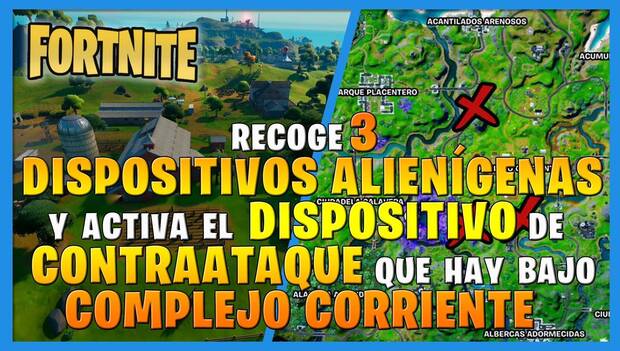 Fortnite Battle Royale - Recoge tres dispositivos alienígenas y activa el dispositivo de contraataque que hay bajo Complejo Corriente