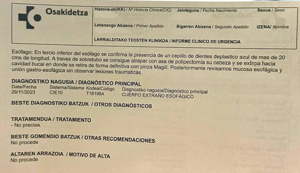Informe m�dico de la extracci�n del cepillo de dientes de Haizea Ibarretxe