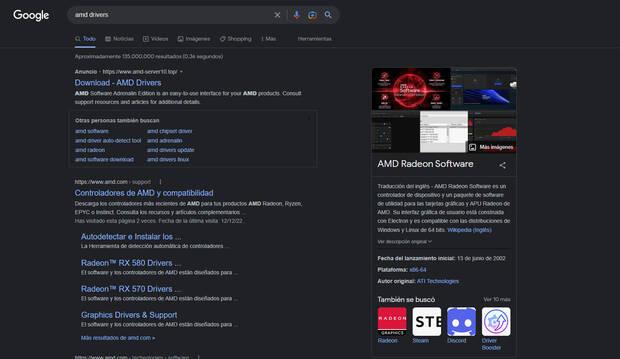 Resultado de la búsqueda con la web que suplanta a AMD en primer lugar.