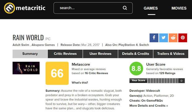 Nota media de Rain World en Metacritic.