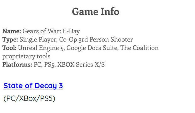 Gears of War: E-Day y State of Decay 3 llegaran a PS5 segn currculum de empleados
