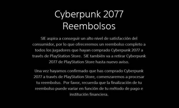 Comunicado: Sony retira Cyberpunk 2077 de la PS Store de PS4.