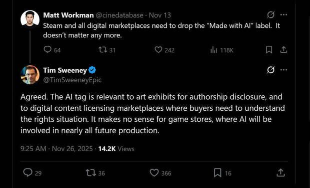 Tweet de Tim Sweeney sobre la IA