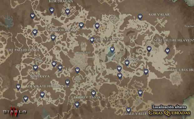 Diablo 4 - Localización de todos los altares de Lilith en Cimas Quebradas