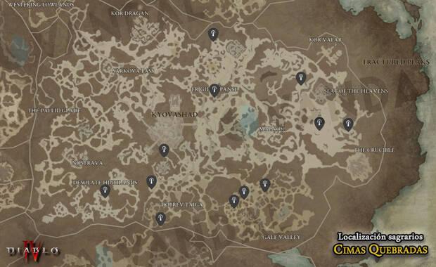 Diablo 4 - Localización de todos los sagrarios en Cimas Quebradas