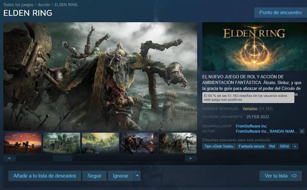 Imagen de la ficha de Steam de Elden Ring donde se muestra la valoracin del juego por los jugadores
