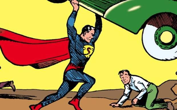 Portada de Action Comics #1 (1938) con el primer traje de Superman en primer plano