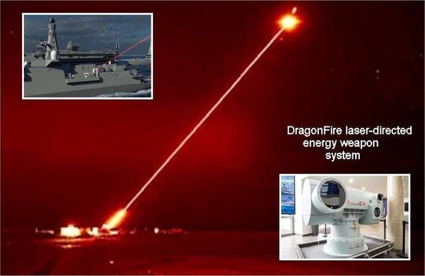 Imagen del DragonFire en funcionamiento con fotografas del artefacto de lentes montado sobre un barco (UK Mod)